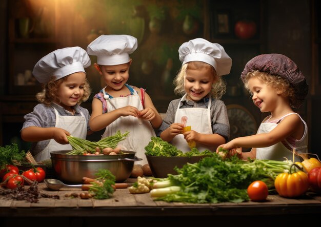 Foto niños aprendiendo a preparar ensaladas saludables en una clase de cocina