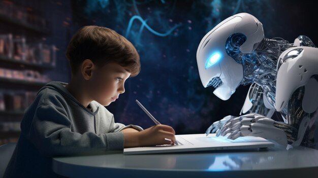 niños aprendiendo con tecnología futurista de brazo robótico