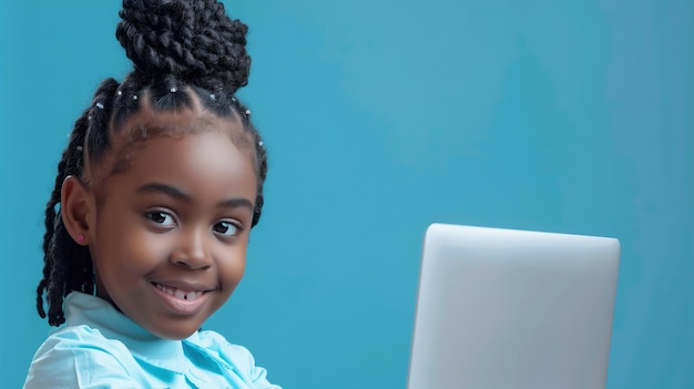 Niños aprendizaje en línea y banner de tecnología con espacio de copia Joven niña afroamericana con una computadora portátil y absorta en aprendizaje en línea o lecciones educativas mirando a la cámara