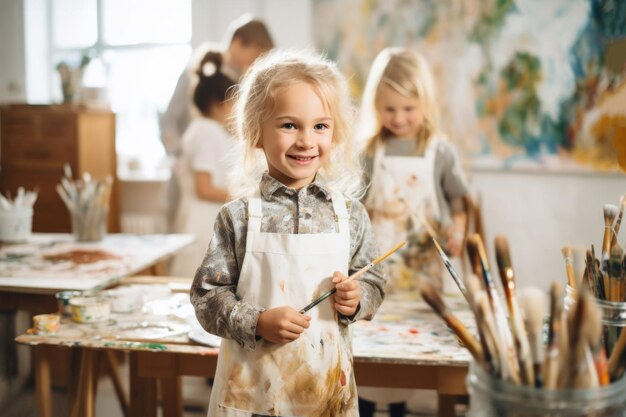 Niños artistas con delantales en una escuela de arte