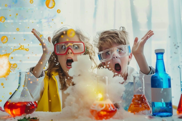 Foto niños asustados realizaron un experimento químico fallido en un laboratorio con tubos de ensayo