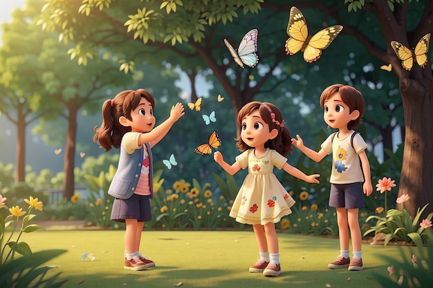 Niños atrapando una mariposa en el parque.