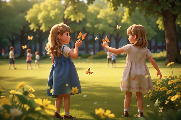 Niños atrapando una mariposa en el parque.