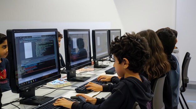 Los niños en un aula aprenden a codificar
