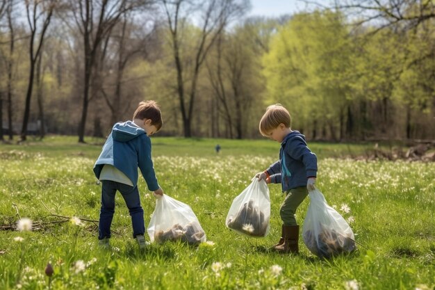 Niños ayudando a limpiar el parque para la Tierra Recogiendo basura Generative Ai