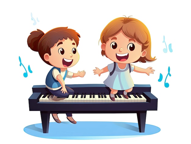 niños bailando en el teclado del piano aislados en el estilo de las ilustraciones animadas