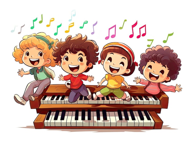 niños bailando en el teclado del piano aislados en el estilo de las ilustraciones animadas