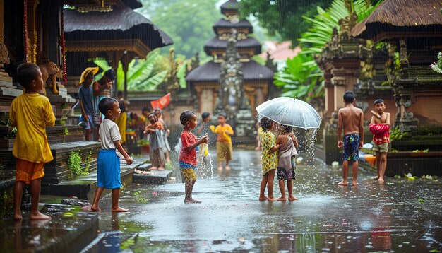 Niños balineses divirtiéndose bajo la lluvia