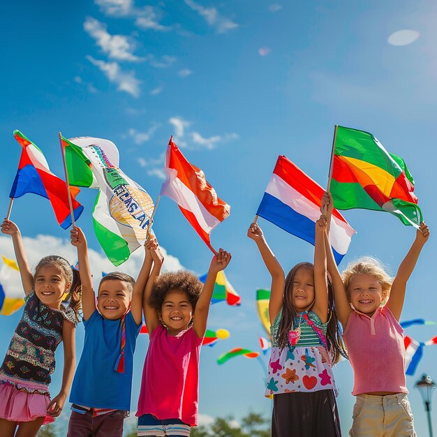 niños con la bandera de su país celebrando el día de los niños