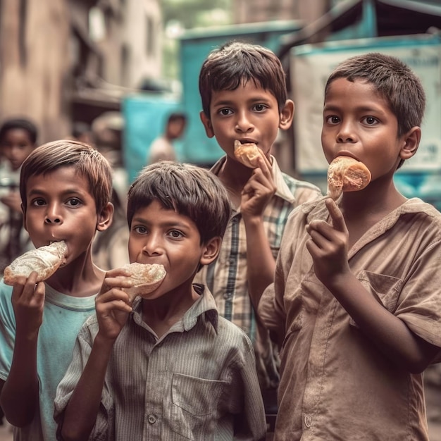 Foto niños de los barrios marginales comiendo helado