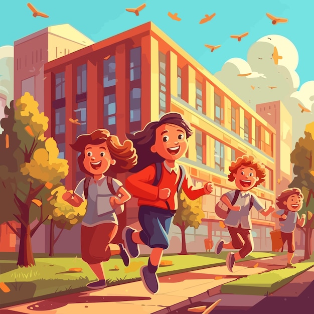 Niños con una bolsa de la escuela corriendo a la ilustración de la escuela Ilustración de regreso a la escuela Escuela