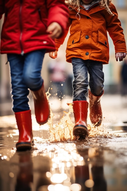 Foto niños con botas de goma rojas caminan sobre un charco mientras usan tecnología