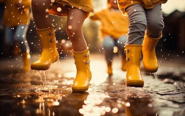 Niños con botas de lluvia amarillas brillantes IA generativa