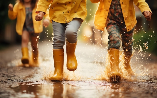 Niños con botas de lluvia amarillas brillantes IA generativa