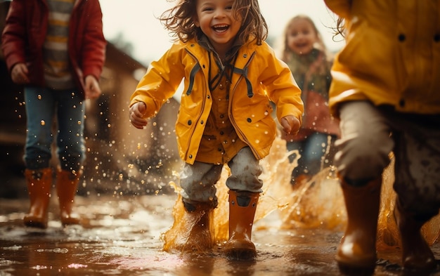 Niños con botas de lluvia amarillas brillantes IA generativa