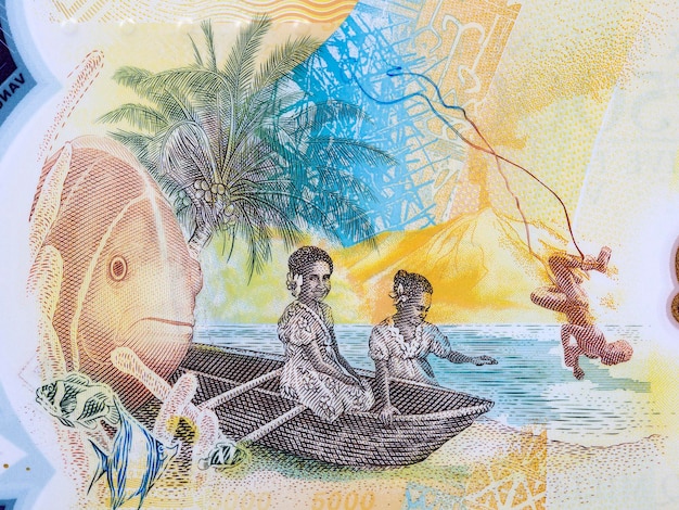 Niños en bote y bungee jumper del dinero de Vanuatu