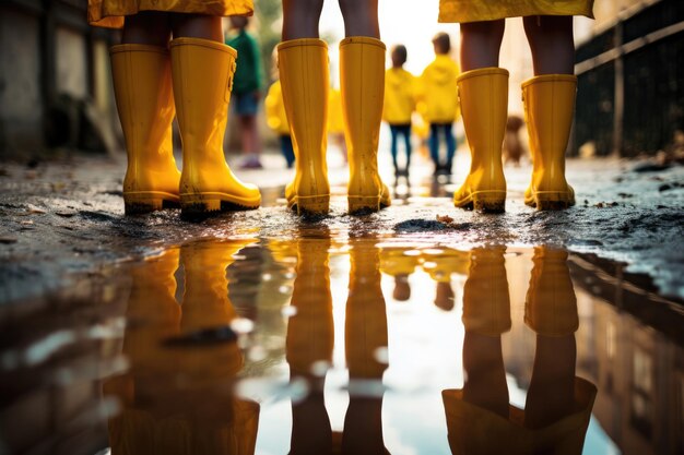 Los niños caminan con botas de goma amarillas cerca de un charco en un clima lluvioso