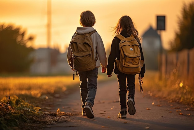 Los niños caminan por la calle con sus mochilas al estilo de la luz dorada.