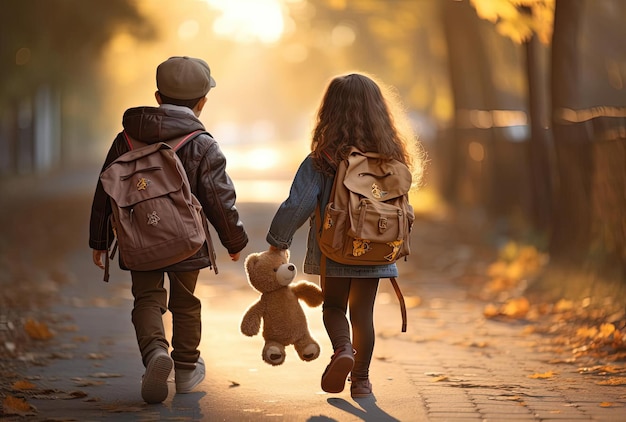 Los niños caminan por la calle con sus mochilas al estilo de la luz dorada.