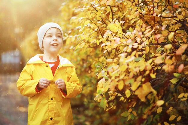 Los niños caminan en el parque de otoño en el otoño.