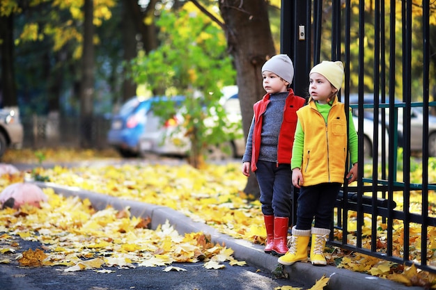 Los niños caminan en el parque de otoño en el otoño.