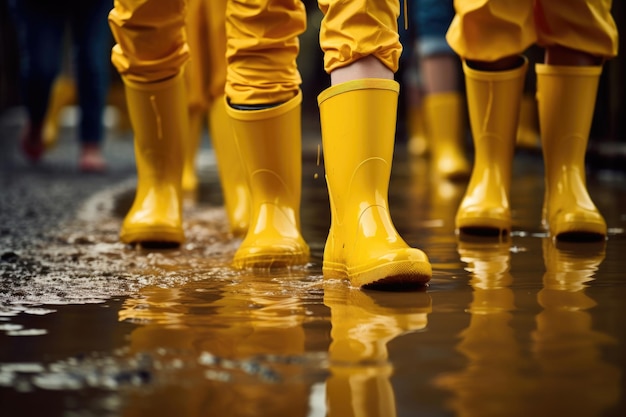 Los niños caminan a través de charcos en botas de goma amarillas en otoño los pies de los niños en tiempo de lluvia