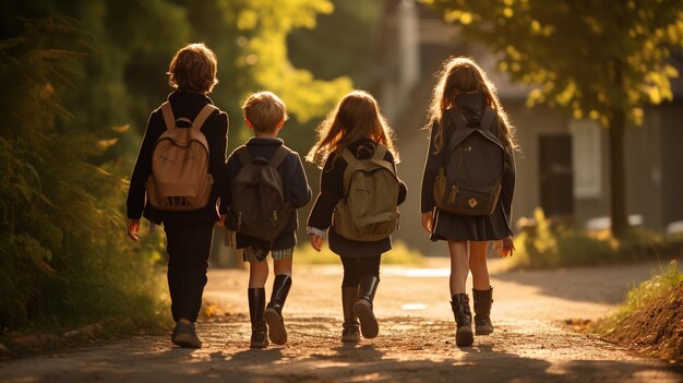 niños caminando en el bosque de otoño