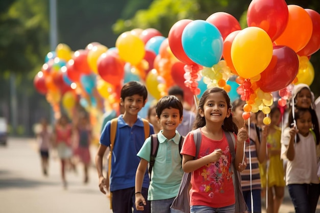 niños caminando con globos de colores en la calle