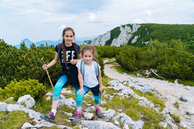 Niños caminando en un hermoso día de verano en las montañas de los Alpes, descansando sobre una roca