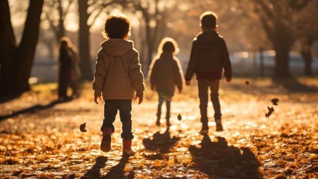 Foto niños caminando por un sendero cubierto de hojas de otoño