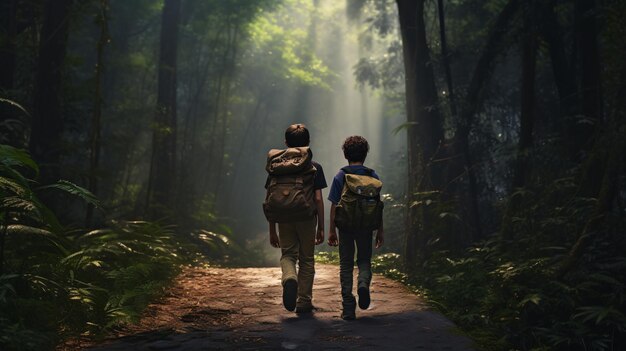 Niños en un camino del bosque con mochilas