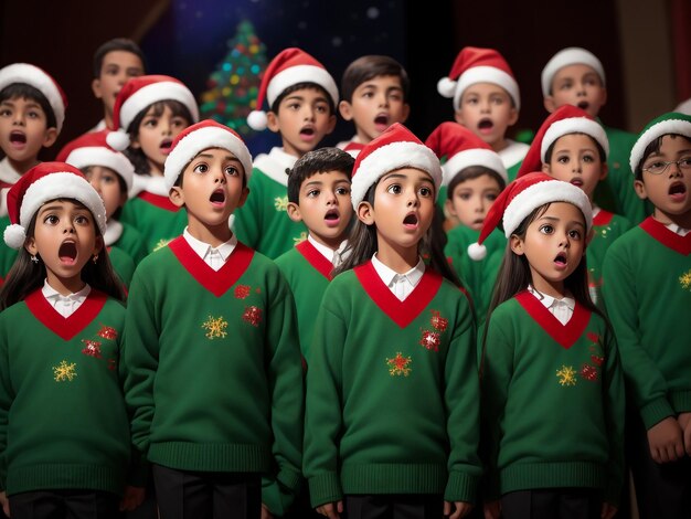 Foto los niños cantan una canción de pie junto a la chimenea en la víspera de navidad