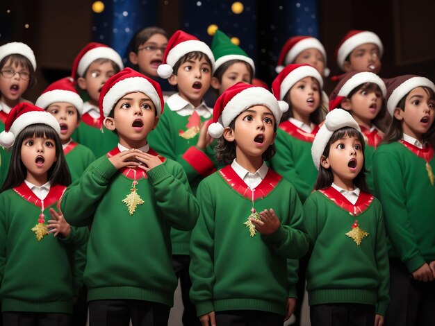 Foto los niños cantan una canción de pie junto a la chimenea en la víspera de navidad