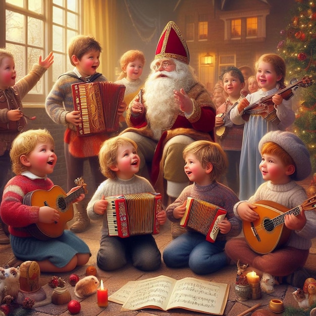 Niños cantando canciones de sinterklaas y tocando instrumentos tradicionales holandeses nuevas imágenes de Sinterklaas