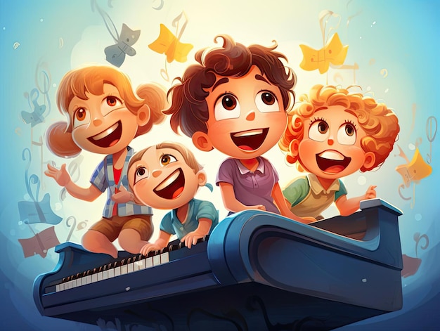 Foto niños cantando en la ilustración vectorial del piano