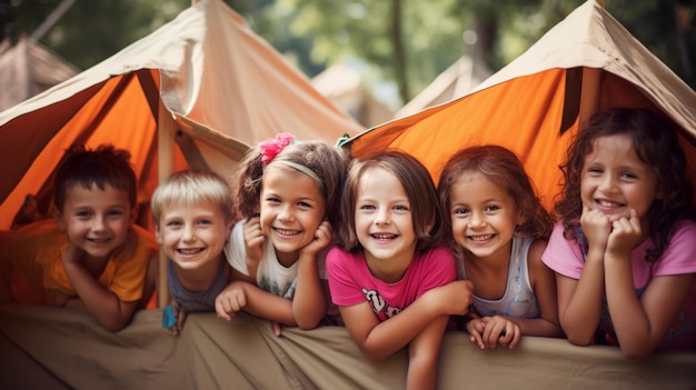 Niños en una carpa sonriendo y mirando a la cámara.