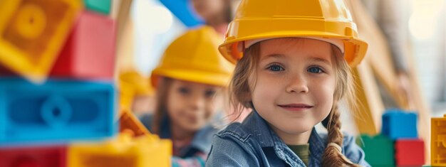 Foto niños en cascos de constructores construyen un constructor