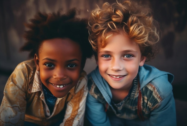 Niños caucásicos y africanos sonriendo juntos