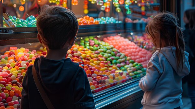 Foto niños caucásicos mirando varios dulces, goma de mascar, gelatina, etc.