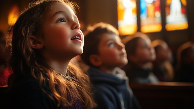 Niños cautivados por el servicio de la víspera de Navidad en un santuario de la iglesia hermosamente iluminado