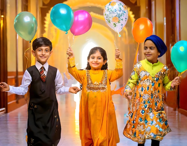 Foto niños con la celebración del eid con globos