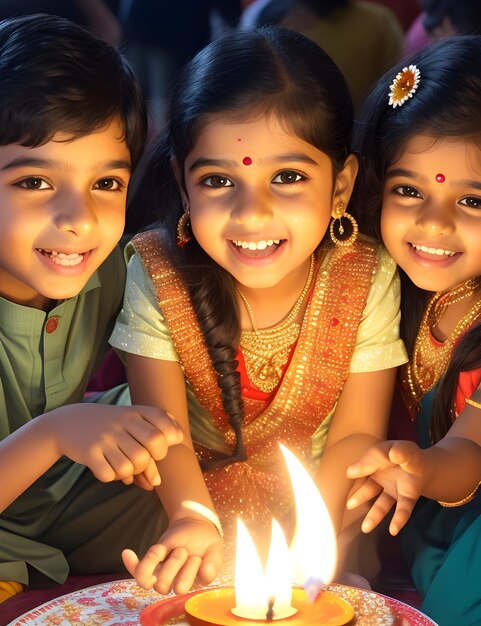 Foto los niños celebran un feliz diwali.