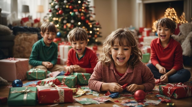 Foto los niños celebran el regalo de navidad, el árbol de navidad, el año nuevo.