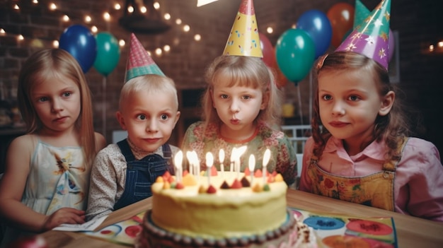 Niños celebrando un cumpleaños con un pastel y velas.