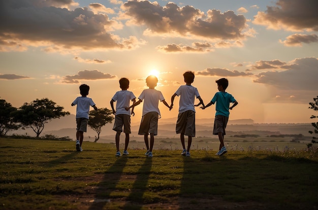 Niños celebrando el Día de la Independencia de Brasil en el fondo de la playa al atardecer