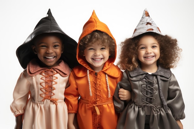 Niños celebrando Halloween sobre un fondo blanco IA generativa