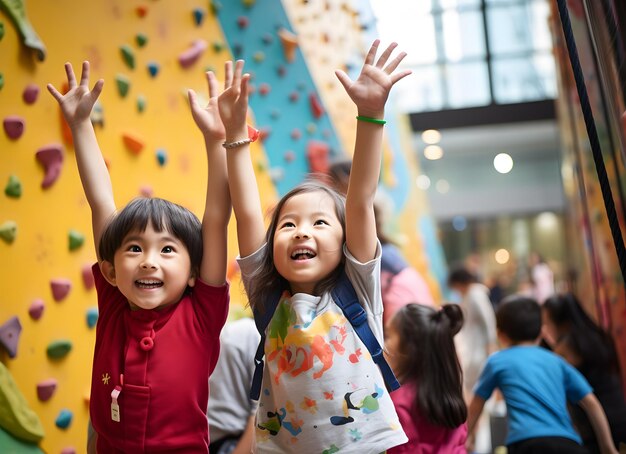 Niños chocando los cinco frente al concepto de muro de escalada ai