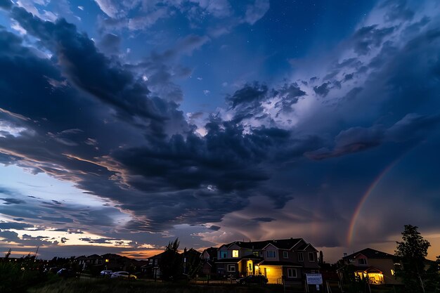 Niños cielo nocturno con un arco iris