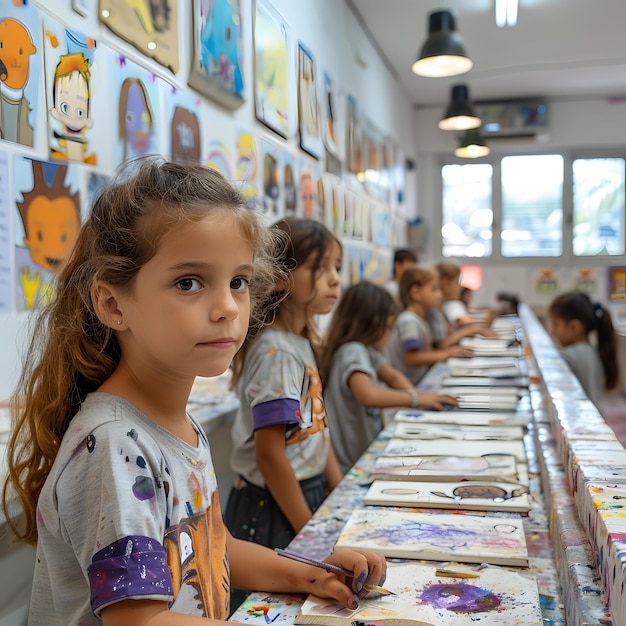 niños con clases de arte aulas blancas brillantes con carteles pegados a la pared