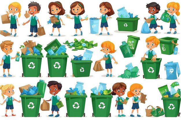 Foto niños clasificando residuos ilustración ecológica conjunto de niños clasificando residuos protección del medio ambiente